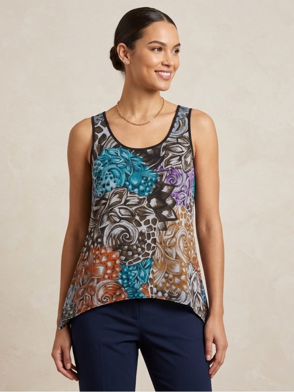 Vivienne Tam Multicolor Floral Mosaic Tank Top with Zipper on Back